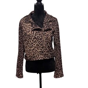 FATE Womens Leopard Print Moto Jacket Brown Tan Animal Print Cropped Size M B2